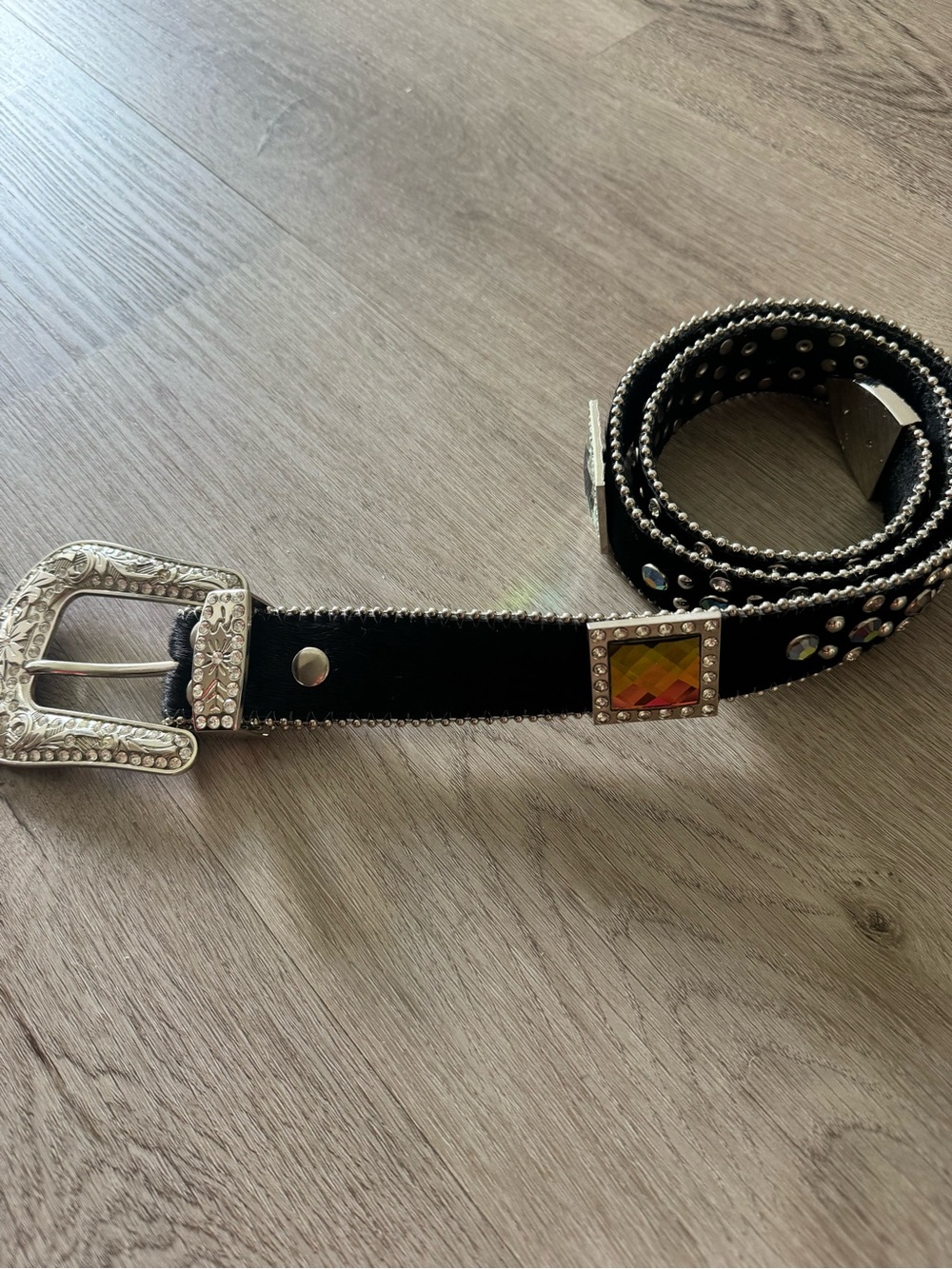 Studded Black Western-Style Women's Belt with Gem Accent
